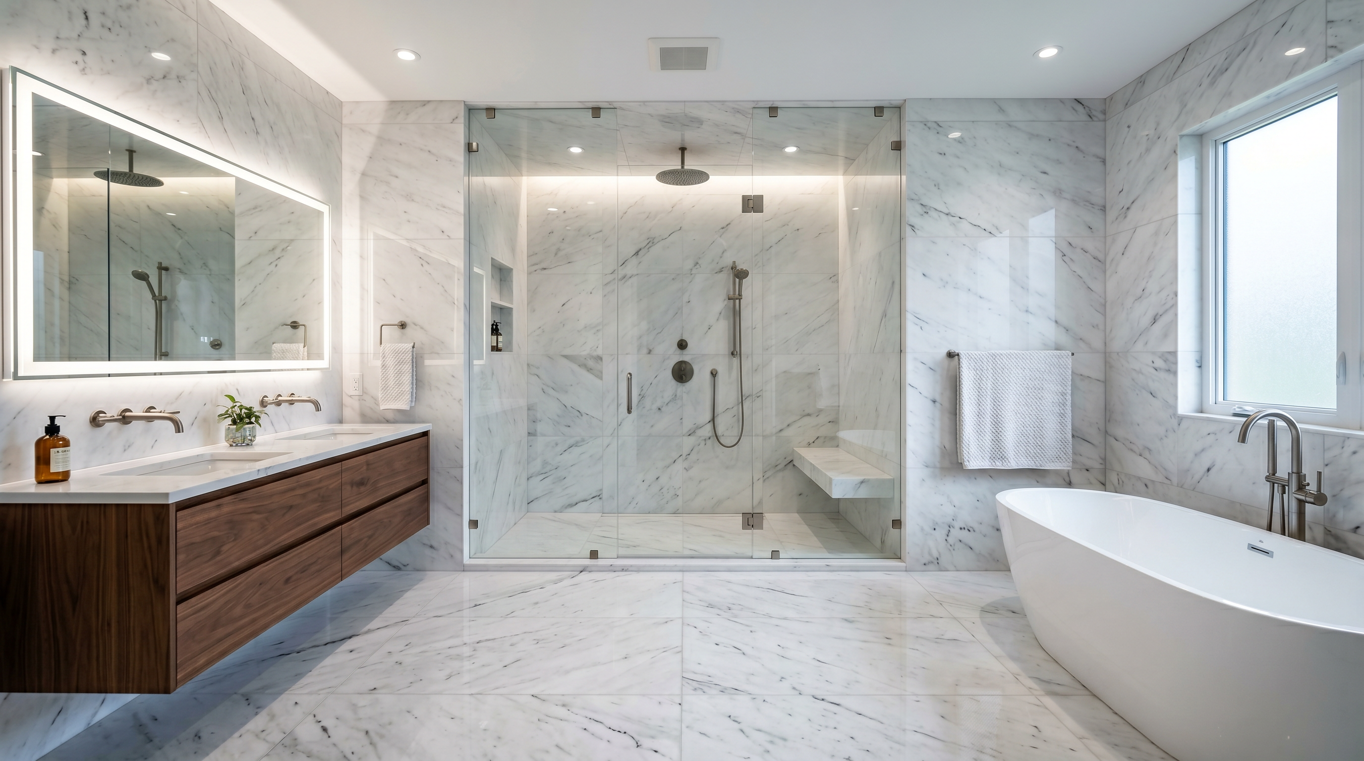 Precision large-format tile installation in a luxury bathroom