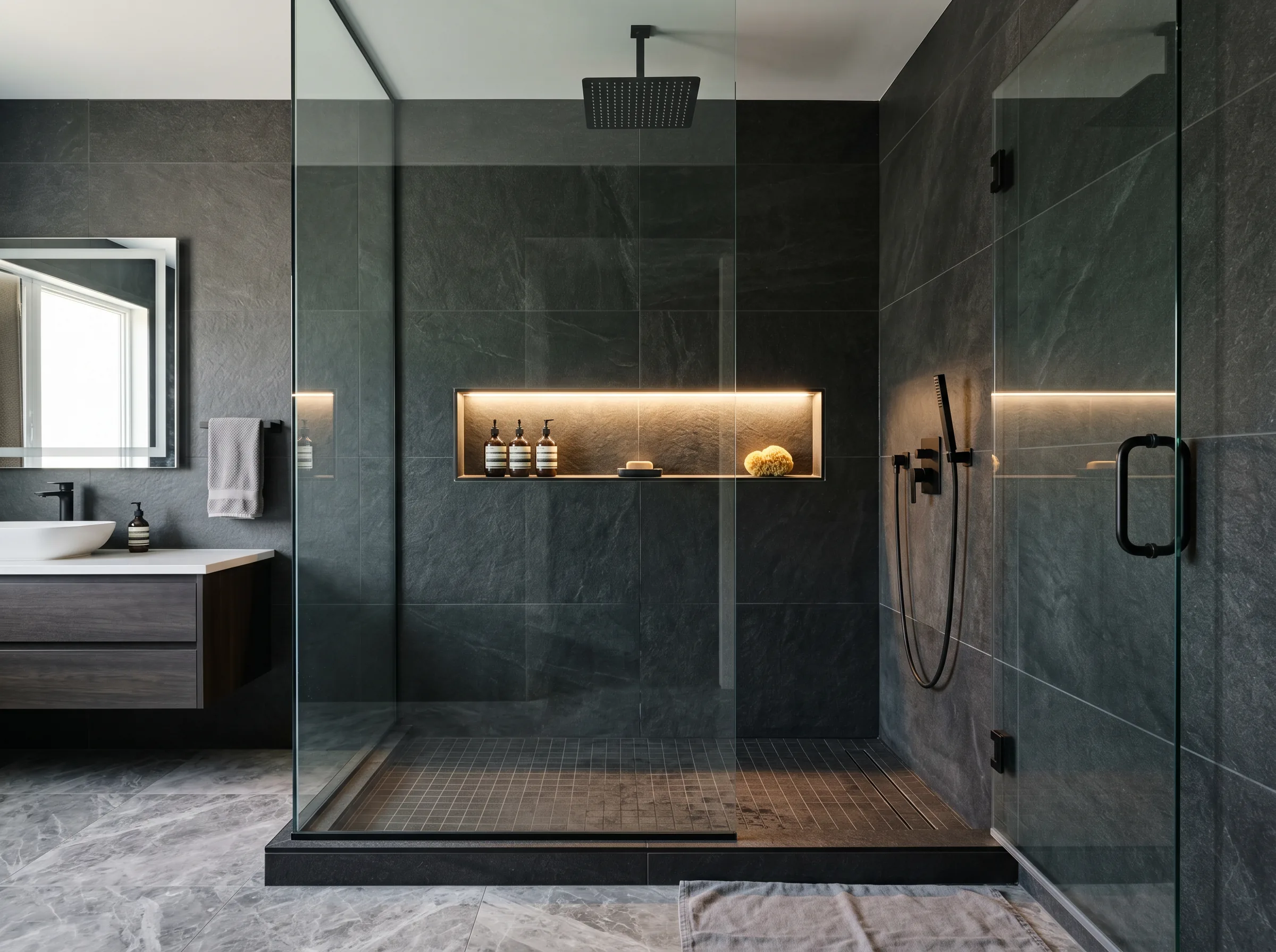 Custom luxury shower with large-format tile and recessed niche — Tampa, FL